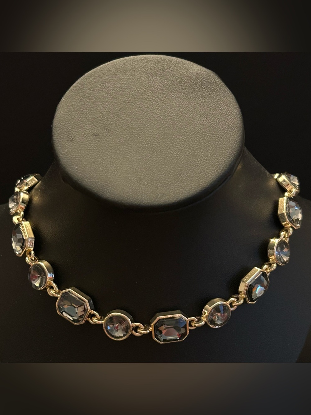 Golden Boutique Choker Necklace w/Blue-Green Colored Faceted Crystals 14-18”